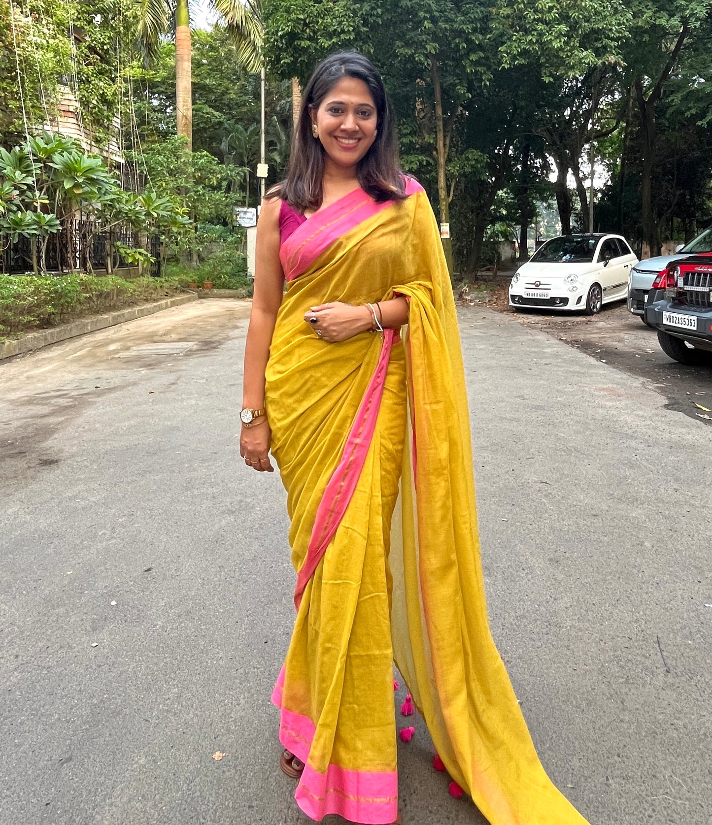 Marigold Handloom Mul Cotton Saree with Zari and Tassels