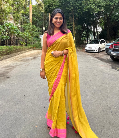 Marigold Handloom Mul Cotton Saree with Zari and Tassels