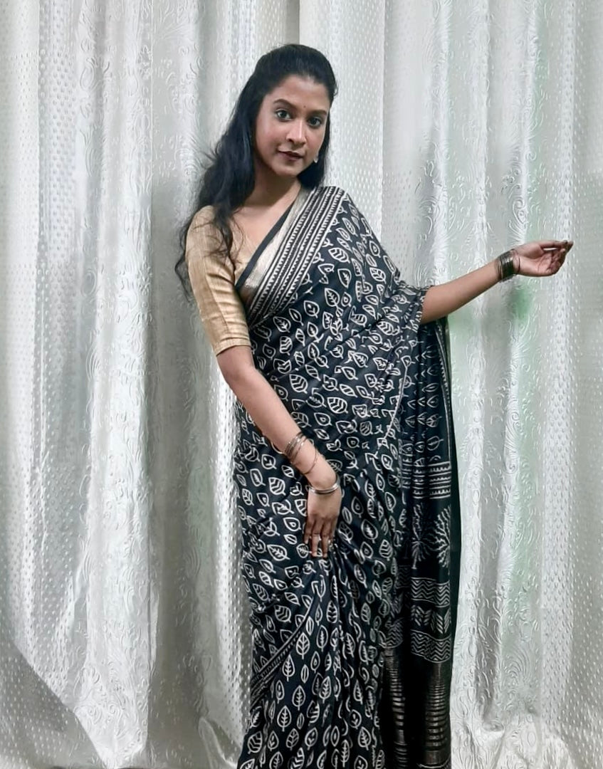 Black Handblock Printed Crepe Saree with Zari Border