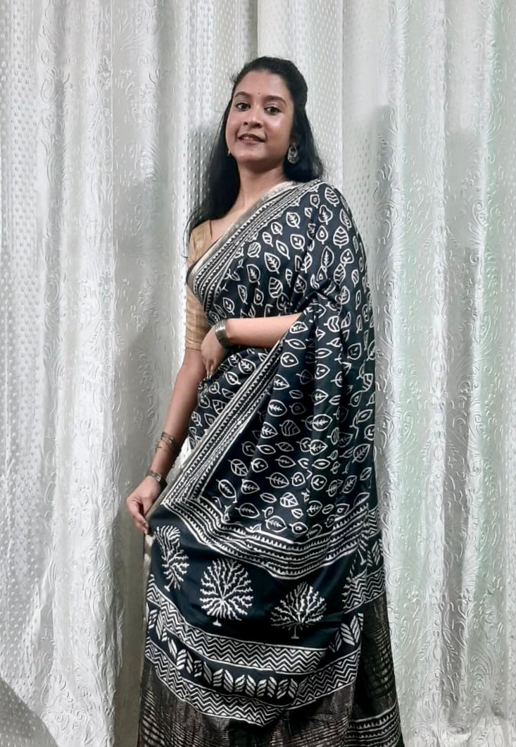 Black Handblock Printed Crepe Saree with Zari Border
