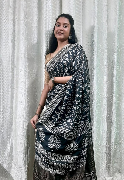 Black Handblock Printed Crepe Saree with Zari Border