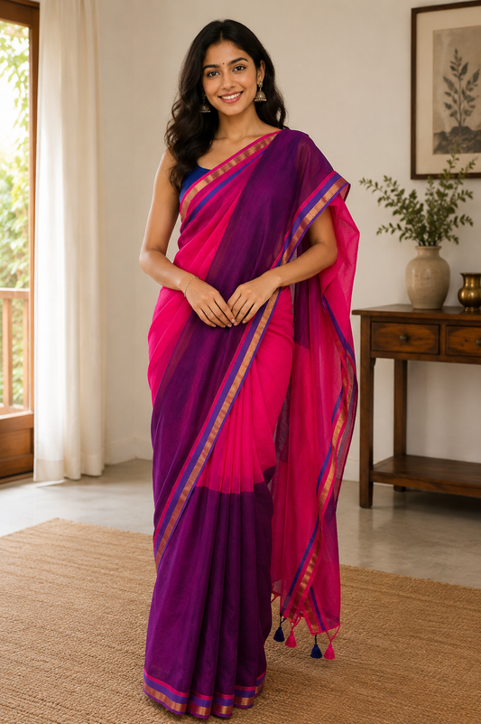 Jamuni Gulab Handloom Mul Cotton Saree with Zari and Tassels Saree Handloom saree, handcrafted saree, daily wear saree, office saree, affordable saree, saree for summers, Suta sarees, Eternity by Sakshi Sarees,