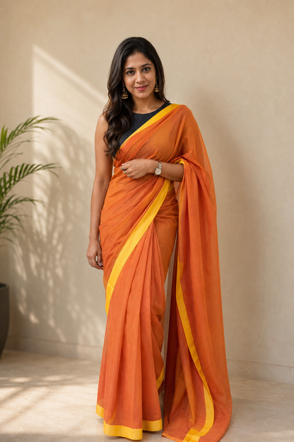 Orange Solid Khadi Cotton Saree with Yellow Border and Tassels Saree Handloom saree, handcrafted saree, daily wear saree, office saree, affordable saree, saree for summers, Suta sarees, Eternity by Sakshi Sarees,