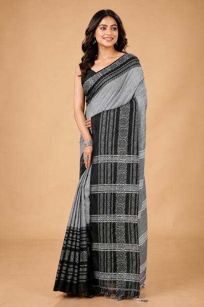 Grey Begumpuri Cotton Saree with Heavy Black Embrodiered Border Saree Handloom saree, handcrafted saree, daily wear saree, office saree, affordable saree, saree for summers, Suta sarees, Eternity by Sakshi Sarees,