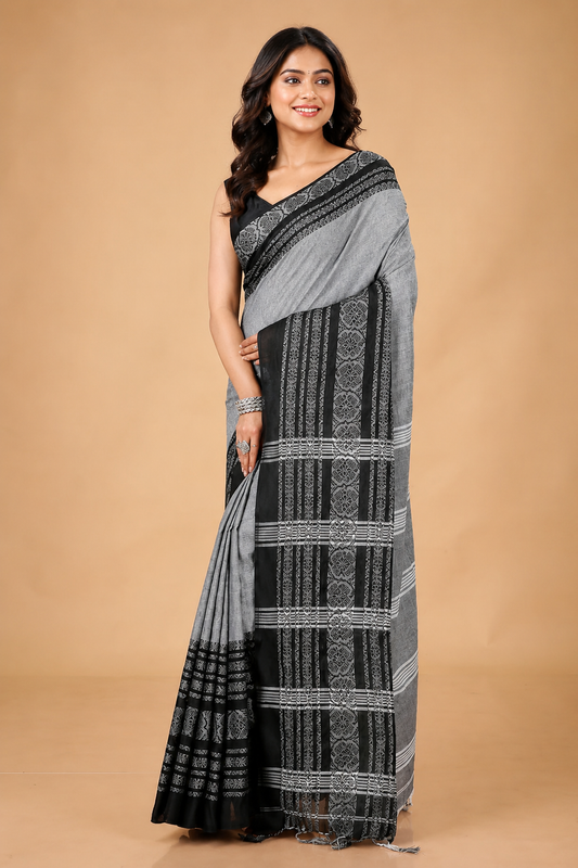 Grey Begumpuri Cotton Saree with Heavy Black Embrodiered Border
