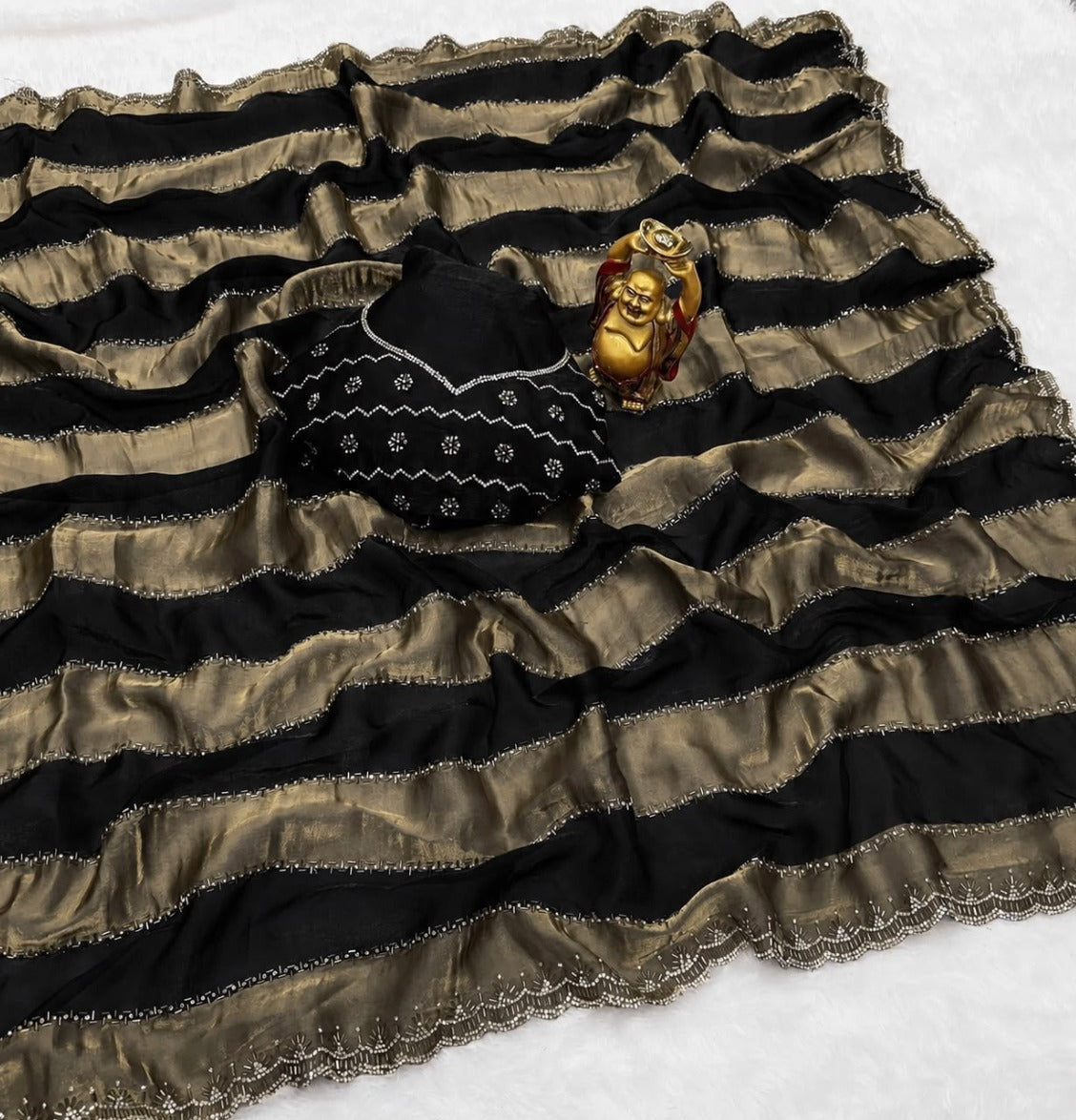 Black & Golden Satin Saree with All Over Heavy Cutdana Work
