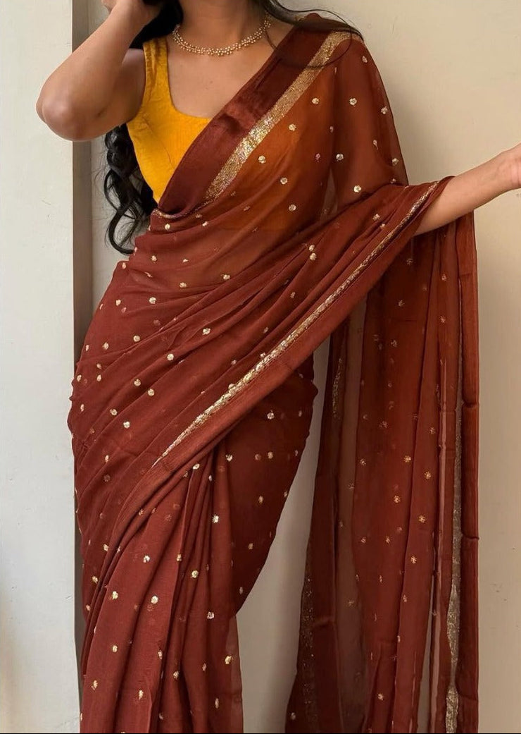 Brown Soft Viscose Georgette Saree With But Sequins All Over & Satin Border