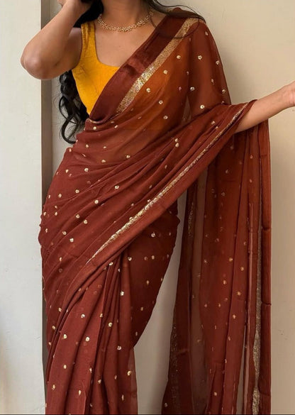 Brown Soft Viscose Georgette Saree With But Sequins All Over & Satin Border