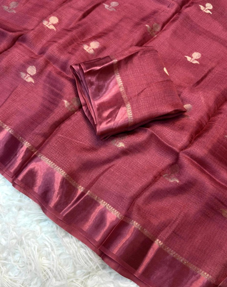 Onion Pink Soft Viscose Khaddi Silk with Satin Border and Jacquard Leaf All Over