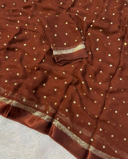 Brown Soft Viscose Georgette Saree With But Sequins All Over & Satin Border