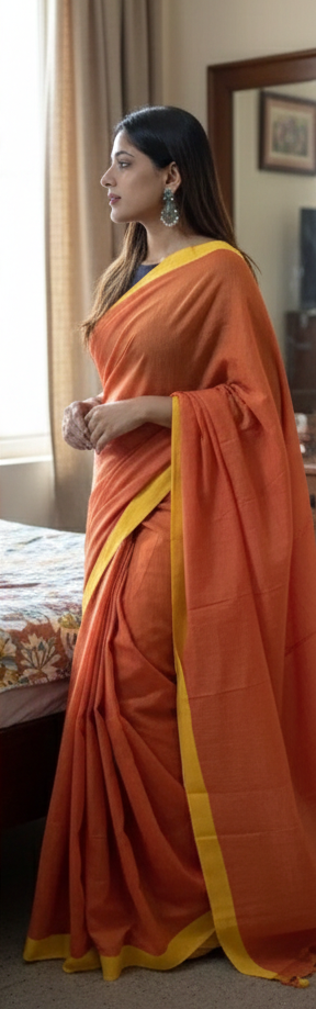 Orange Solid Khadi Cotton Saree with Yellow Border and Tassels
