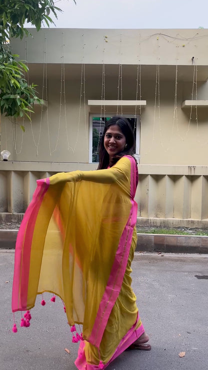 Marigold Handloom Mul Cotton Saree with Zari and Tassels